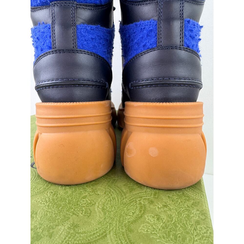 GUCCI Blue Tan Cast Wool Quebeck Calfskin Chunky Heel Boots Lace Up Size 36.5 - Picture 11 of 12